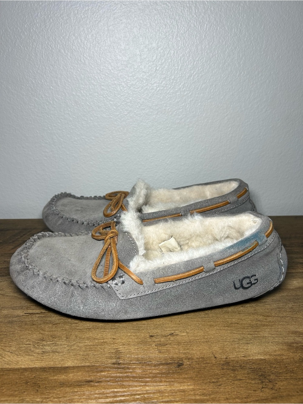 UGG Gray Suede Moccasin Slippers with Chestnut Laces